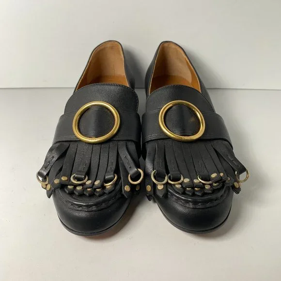 Chloe Shoes Chlo Olly Fringe Leather Loafers Womens Size 37 Black Slip On Flats Shoes Gold Poshmark